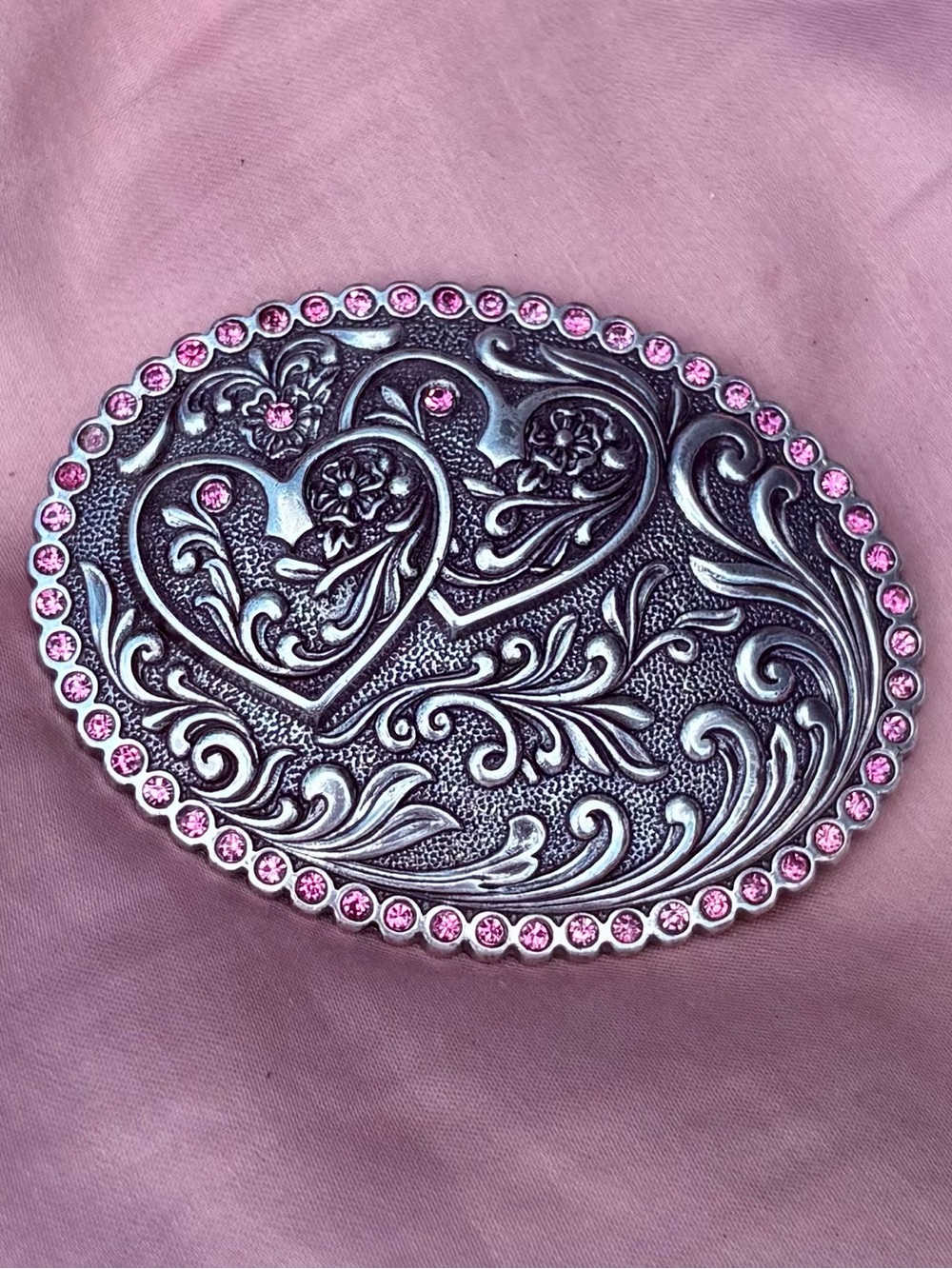 Silver Heart-Accent Belt Buckle with Pink Rhinestones